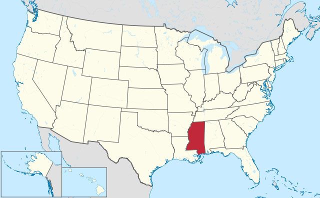 map of Mississippi state in USA